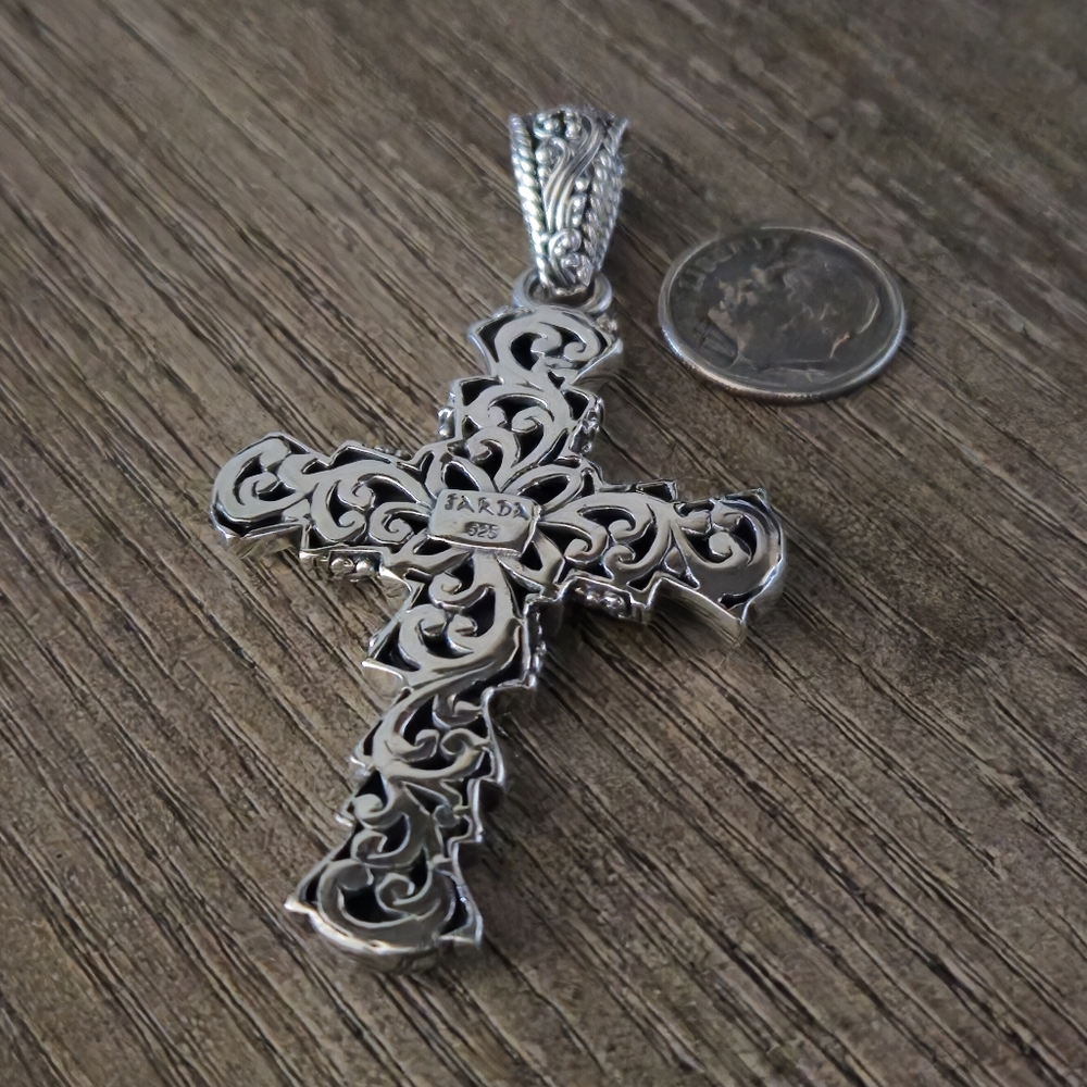 SARDA Designer Signed 925 Sterling Silver Cross Pendant 2.75" Bali - Picture 13 of 16